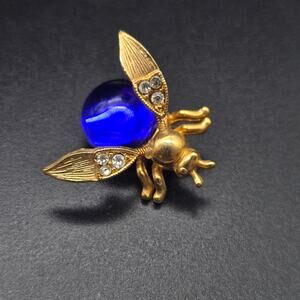 Vintage Gold Tone Blue Trembler Bug Brooch Jelly Belly Insect Jewelry